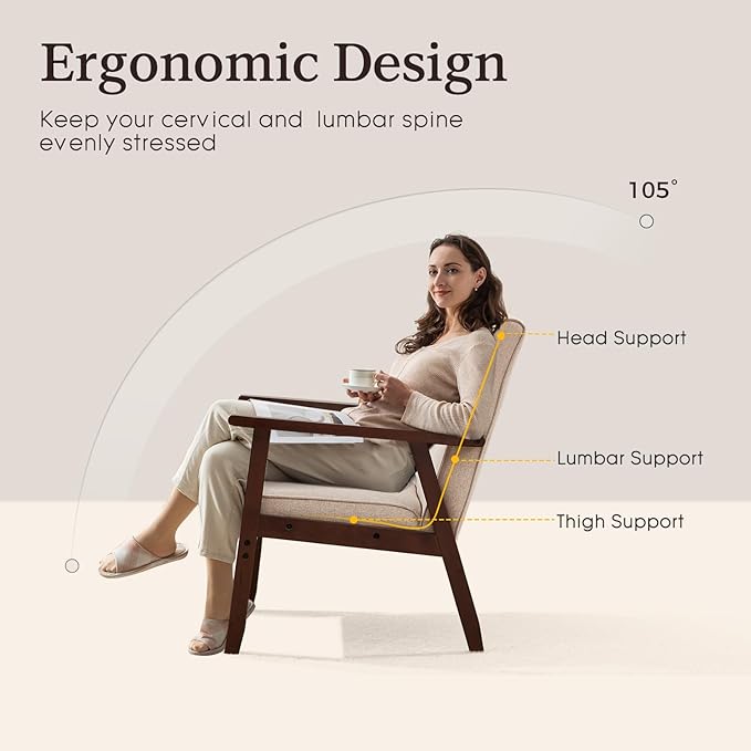 Bonzy Home Mid-Century Modern Accent Chair, Upholstered Fabric Armchair with Solid Wood Frame, Comfy Retro Leisure Chair Reading Chair for Living Room, Bedroom