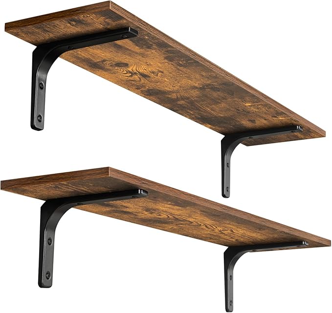 DINZI LVJ Long Wall Shelves, 31.5 Inch Wall Mounted Shelves Set of 2, Easy-to-Install, Wall Storage Ledges with Sturdy Metal Brackets for Living Room, Bathroom, Bedroom, Kitchen, Rustic Brown | Easy-to-Install