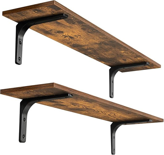 DINZI LVJ Long Wall Shelves, 31.5 Inch Wall Mounted Shelves Set of 2, Easy-to-Install, Wall Storage Ledges with Sturdy Metal Brackets for Living Room, Bathroom, Bedroom, Kitchen, Rustic Brown | Easy-to-Install
