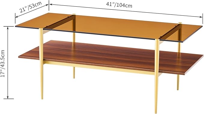 Saint Mossi Tadio Double Layer Glass Coffee Table for Living Room, Brown Glass & Coffee Brown MDF Bottom Shelf | Double Layer, for Living Room, Bottom Shelf