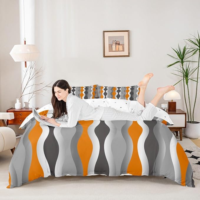 Orange Comforter Cover Mid Century Geometric Bedding Set Retro Black Grey Striped Duvet Cover for Kids Boys Girls Abstract Modern Decor Bedspread Cover Room Decor Bedclothes Twin Size (No Comforter)