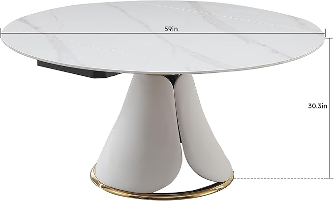 Round Marble Dining Table for 6-8, Multi-Functional Retractable Kitchen and Dining Room Table, Petal Pu Leather & Metal Base (Only Table)