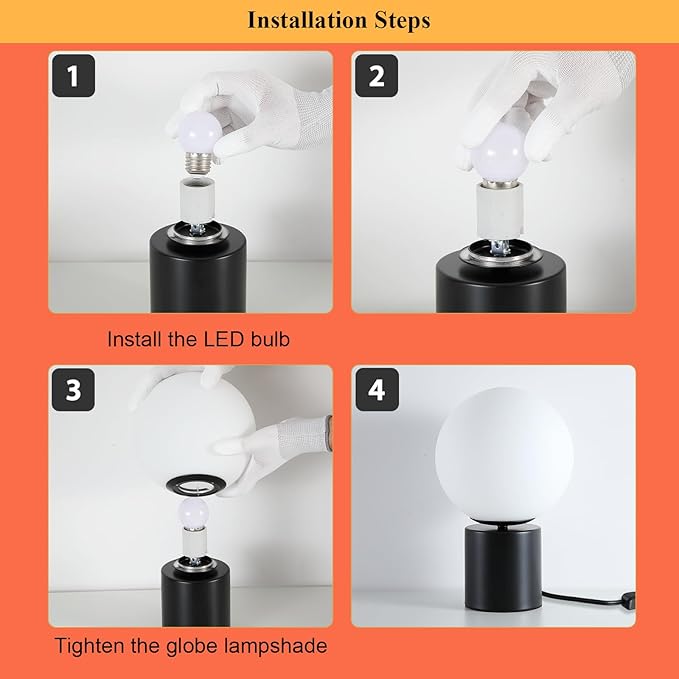 11 Inch Modern Mid Century Black Globe Table Lamp,Round Bedside Nightstand Lamp with White Glass Shade Metal Base Desk Lamp for Bedroom Living Room End Table,Bulb Included