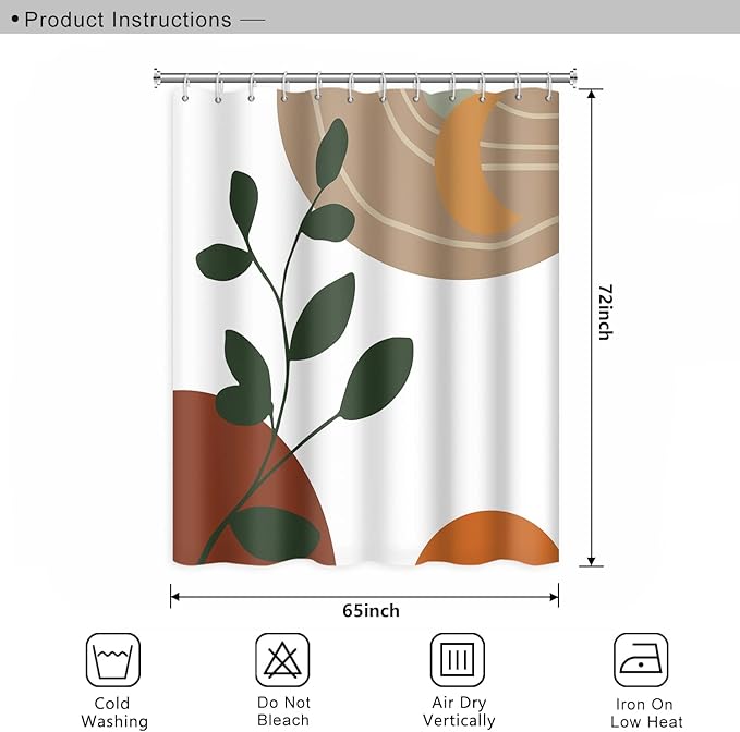 Abstract Boho Shower Curtain for Bathroom Moon Eucalyptus Leaves Waterproof Polyester Shower Curtains Modern Minimalist Artistic Aesthetic Shower Curtain with Hooks Decorative, 65x72 Inch
