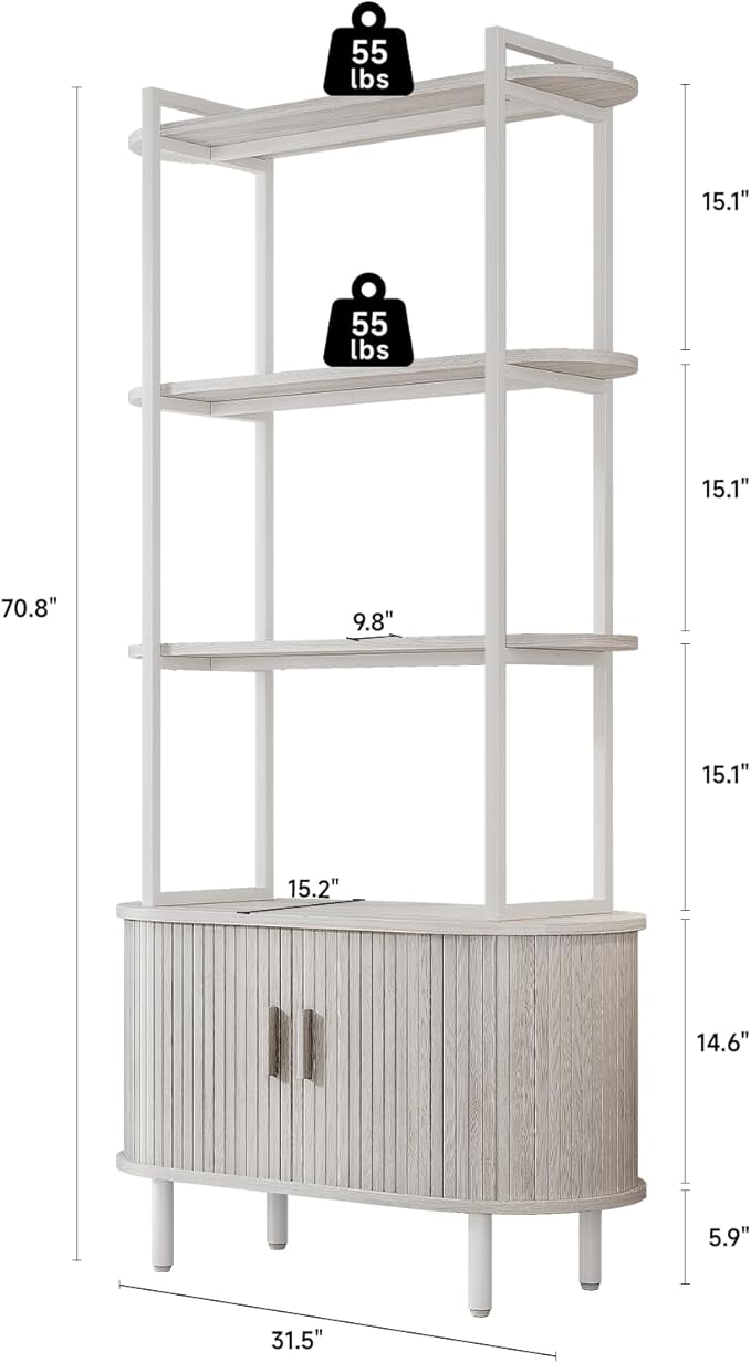 4 Tier Tall Bookshelf with Cabinet, Fluted Bookcase with Sliding Door, Metal and Wood Display Shelf, Free Standing Storage Shelving Unit, Corner Storage Organizer for Living Room, Home Office, White