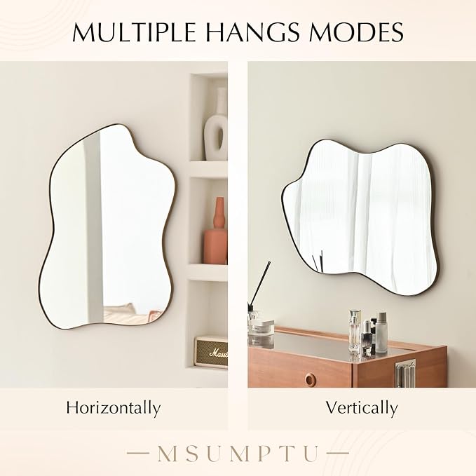 Irregular Wall Mirror Brass Wave Shaped Metal Framed Wall Mirror for Bathroom Bedroom Entryway Living Room Wall Decor 34" L x 25.5" W 2302G