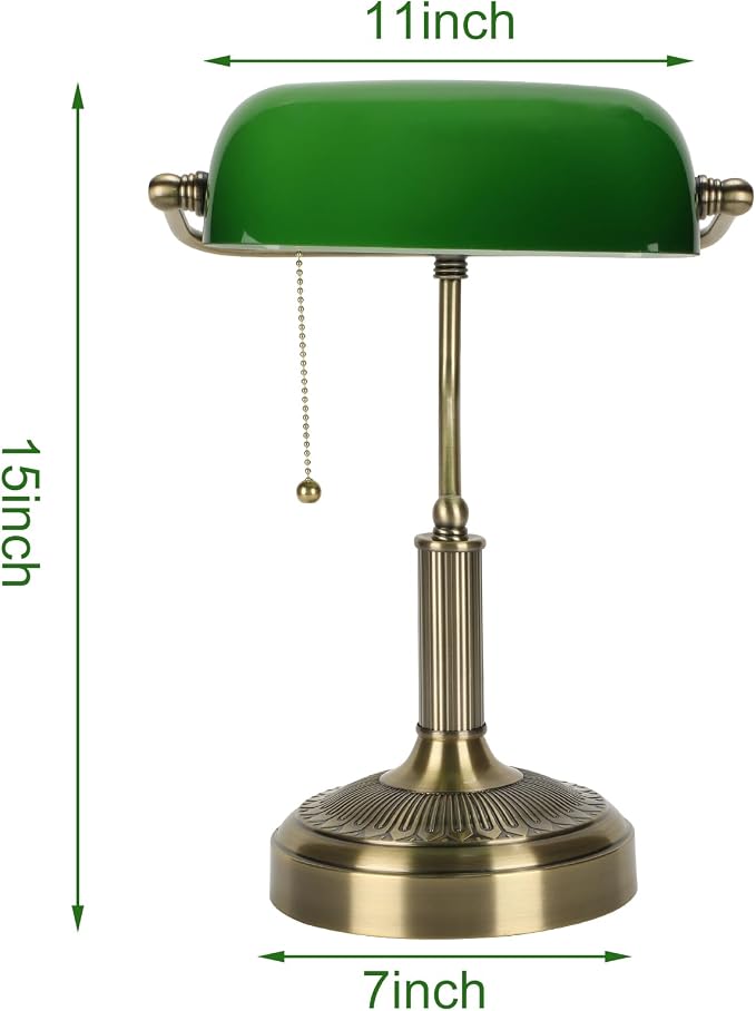 NISSAFORS Bankers Desk Lamp, Green Glass Shade, Vintage Desk Lamp with Pull Chain Switch, Retro Table Lamps for Home Office (Brass+Green, Middle)