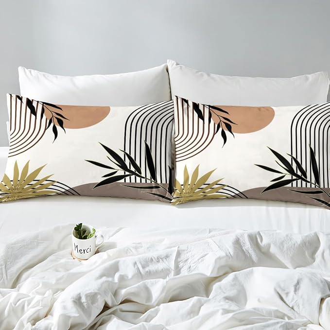 Erosebridal Mid Century Bohemian Duvet Cover Twin for Kids Boys Girls,Abstract Geometric Comforter Cover,Botanical Plant Leaves Bedding Set,Khaki Brown Black Bed Set 2 Pcs Bedroom Decor