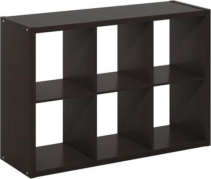 Furinno Cubicle Book Shelf, 6-Cube Bookshelf, Extra Thick Frame Horizontally & Vertically Reversible Bookcase with Open Back, 14.6" x 44" x 30", for Living Room, Bedroom, Home Office, Black Dark Oak