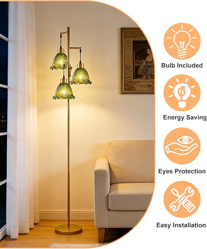 3-Light Modern Glass Floor Lamp, Gold Standing Tall Lamp with Green Glass Shade for Reading, Dimmable LED Floor Lamp with 5Lbs Heavy Base for Living Room Bedroom Home Decor, Bulb Included