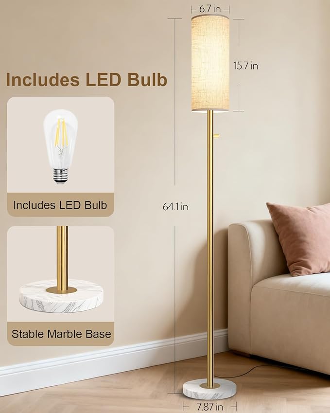 Gold Floor Lamp,Modern Floor Lamps for Bedroom,Standing Lamp with Marble Base,LED Bulb Included,Tall Dimmable Floor Lamp for Living Room,Bedroom,Office,Reading and Nursery