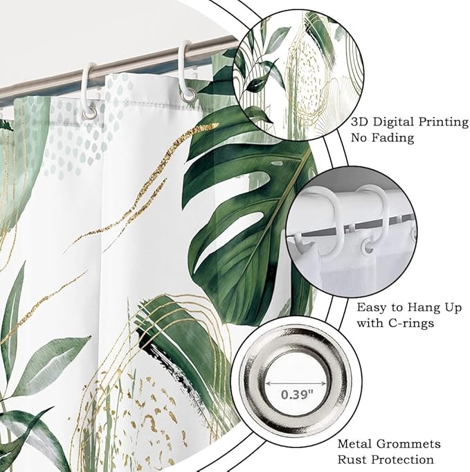 Modern Boho Shower Curtain Green Gold Tropical Palm Leaf Abstract Geometric Minimalist Aesthetic Bathroom Decor Watercolor Plant Bath Curtain Washable Waterproof Polyester Fabric with Hooks 72x84 Inch