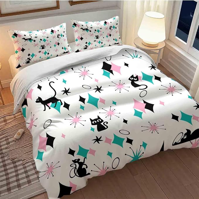 Geometry Modern Bedding Set,Mid Century Black Cat Abstract Atomic Geometric Vintage 1950s 1960s Pattern Print Yellow Comforter Set with Pillowcase for Bedroom Bed Decor,King 102"x90"