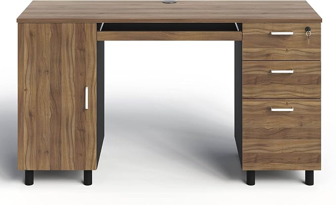 Modern Design Venice Computer Desk with Lockable Drawers, 53 Inch Home Office Desk with Storage Cabinet, Keyboard Tray & Cable Management, Modern Study Writing Desk for Small Spaces, Walnut and Black