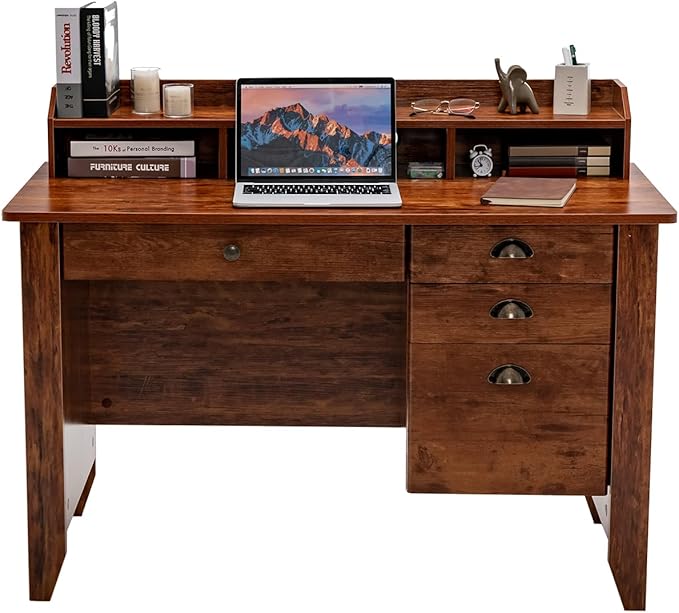 Safeplus 48" Computer Desk with 4 Storage Drawers and Hutch Wood Executive Table for PC Laptop