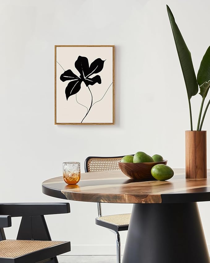 ARPEOTCY Vintage Framed Canvas Wall Art, Black Abstract Minimalist Flower Art Prints Home Decor Aesthetic, Rustic Mid Century Oil Paintings for Bedroom Bathroom Decor,12x16inch