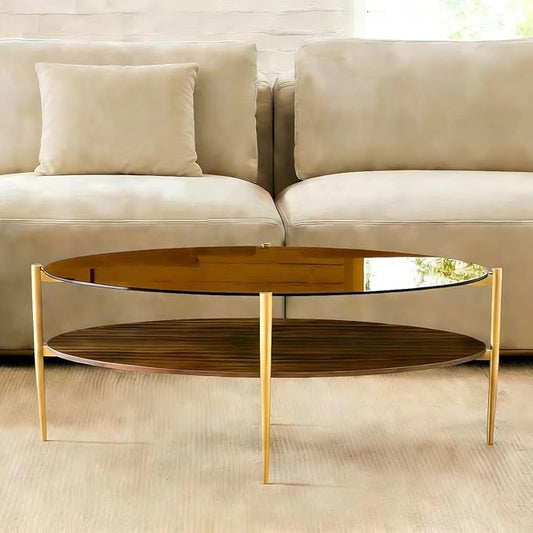 Shrine Oval Coffee Table, Mid-Century Modern Design, 2-Tier Structure, Amber Glass Top and Walnut MDF Shelf, 47" D x 21" W x 17" H, Sleek Conical Metal Legs with Gold Finish