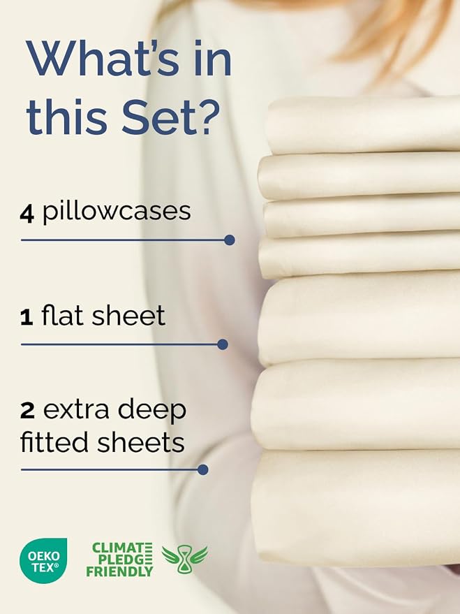 Extra Deep Split King Sheet Set - 7 Piece Breathable and Cooling Sheets - Hotel Luxury Bedding for Women, Men, Kids & Teens - Easy Secure Fit - Soft and Wrinkle Free - Extra Deep Pockets - Off White
