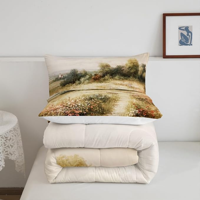Erosebridal Rustic Wildflowers Comforter Set King Vintage Country Road Bedding Set for Kids Boys Girls Classical Flowers Landscape Comforter Farmhouse Nature Botanical Floral Quilt Duvet
