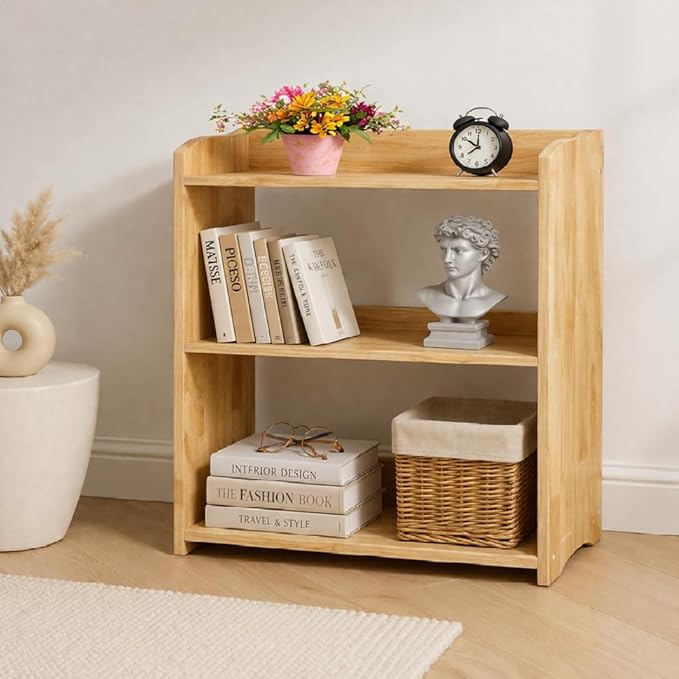 Bookcase by Natural Wood, Wooden 3 Tier Bookshelf, Small Wood Bookcase Storage Shelf, Open Shelf Organizer for Bedroom, Living Room and Office.