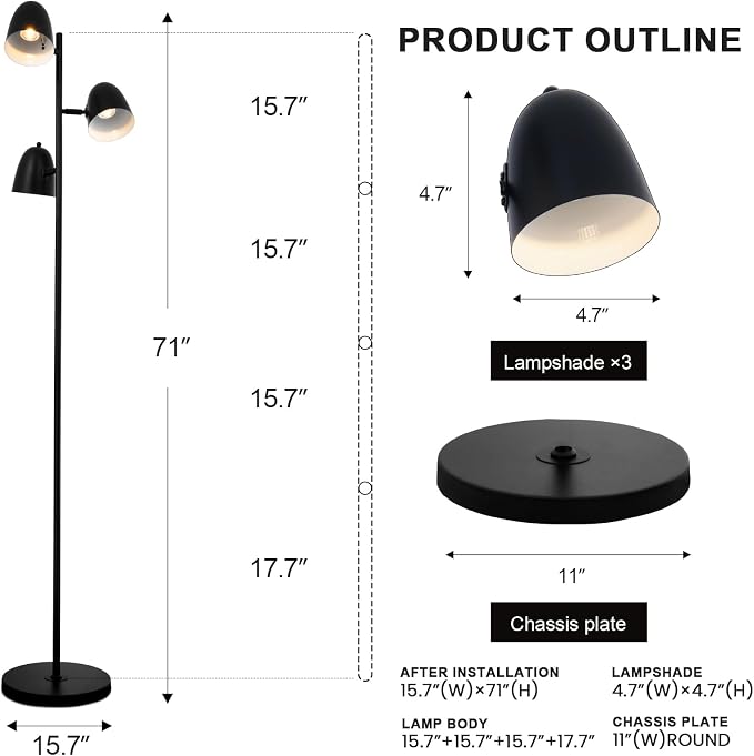 Modern Tree Floor Lamp for Living Room, 3 Lights Industrial Farmhouse Black Standing Tall Pole Lamps with Adjustable Metal Shades 70'' LED Reading Floor Lamps Decor for Bedroom Home Office