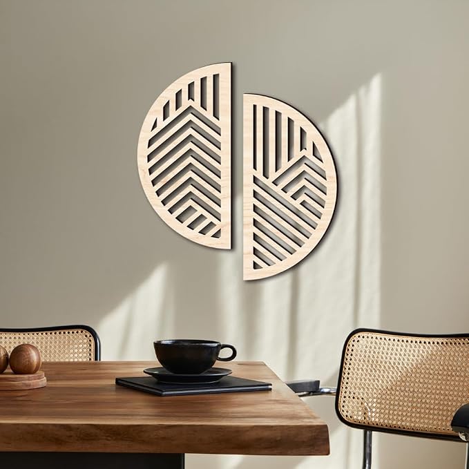 Hollow Round Wood Art Wall Decor, Modern Vintage Wooden Round Wall Sculptures, Half Round Wall Decor Hanging Abstract Panel 3D Geometric Wood Wall Art Decor for Home Office Living Room Bedroom (Beige)