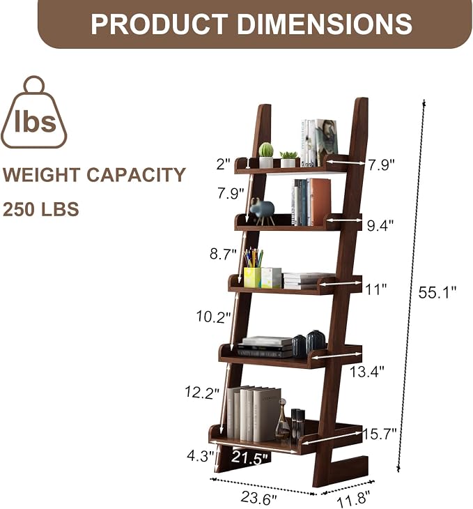 Ladder Shelf Bookcase, 5 Tier Walnut Wooden Ladder Bookshelf, Space-Saving Freestanding Storage Rack for Living Room, Home Office and Bedroom, 55.1" H