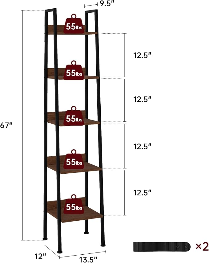 Ladder Shelf, 5 Tier Ladder Shelf, 13.5” Wide Tower Storage Shelf for Books, Anti Tip Feature, Steel Frame, Perfect for Bookshelf, Plants, Kitchen, Living Room, Office, Walnut