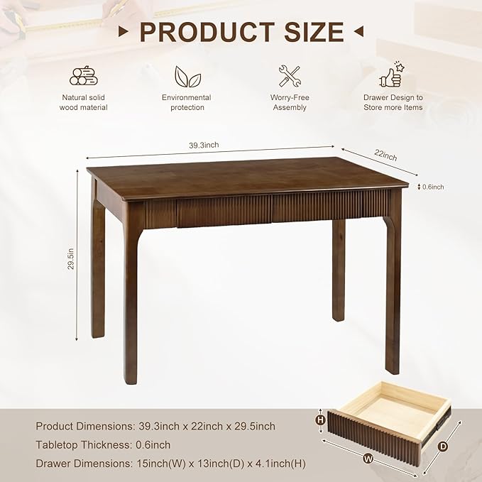 39.4'' Solid Wood Desk with 2 Drawers, Mid Century Modern Home Writing Office Small Wooden Desk ,Vintage Computer Table with Storage for Living Room, Bedroom, Fluted Design Walnut(Walnut, 39.4 Inch)