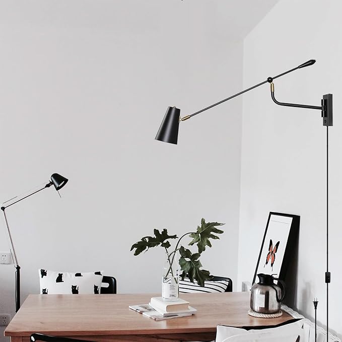 Rotatable Adjustable Direction Swing Arm Wall Sconce, 33" Dual Power Modes Plug-in/Hardwired, Vintage Industrial Black Wall Lamps for Living Room Bedroom Dining, E26 Bulb