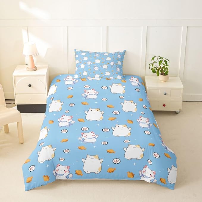 Erosebridal Cute Cat Duvet Cover Twin Kawaii Cats Kitten Bedding Set Pet Animals Cat Lovers Comforter Cover for Kids Girls Boys Adults Sushi Snacks Blue Bed Set