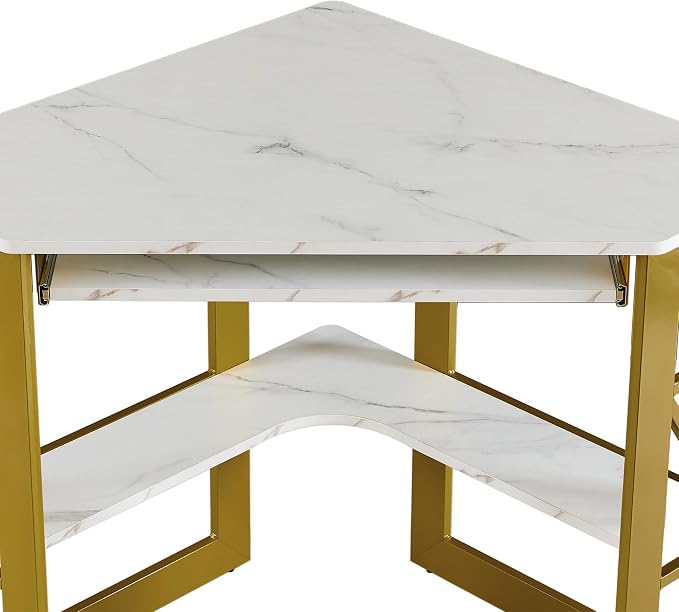 VECELO Corner Computer Desk 41 x 30 inches with Smooth Keyboard & Storage Shelves for Home Office Workstation,White & Gold