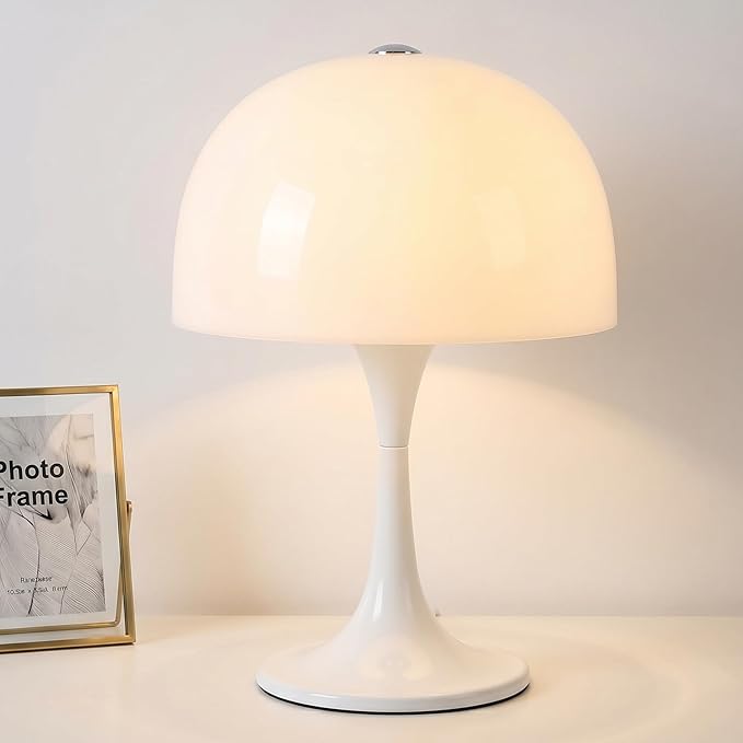 Modern Mushroom Table Lamp, Mid-Century Nightstand Lamp with Smooth Acrylic Shade & Metal Base, 3-G9 Socket Bedside Desk Lamp for Bedroom Living Room Office, Retro Decor Accent Light, Glossy White
