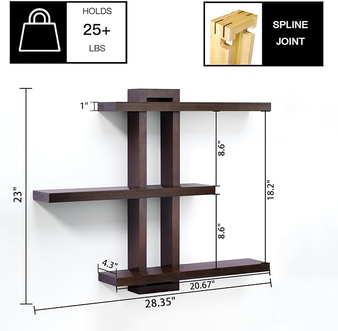 Variable Floating Shelves Wood Set of 4, Bathroom Shelves 28.35" Max, Rustic Wall Shelves for Living Room Bedroom Farmhouse - Burnt Walnut Color - 28.35" x 23" x 4.3" Max