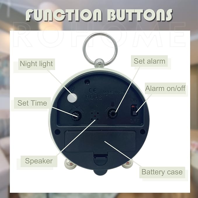Rohome Vintage Small Alarm Clock with Night Light, Green, Silent Quartz Movement, Non-Ticking, Decorative, for Bedside Table, Desk, Kitchen, Bedroom, Shelf, Nightstand (Green)