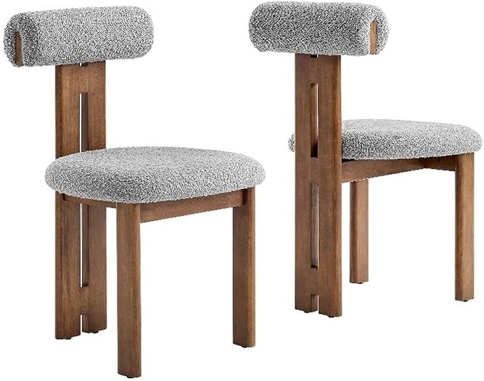 Modway Torian Upholstered Boucle Dining Chairs Set of 2 in Walnut Light Gray - 3-Legged Farmhouse Kitchen Chairs - Mid-Century Modern Armless Accent Chairs - Comfortable Side Chairs with Wood Legs