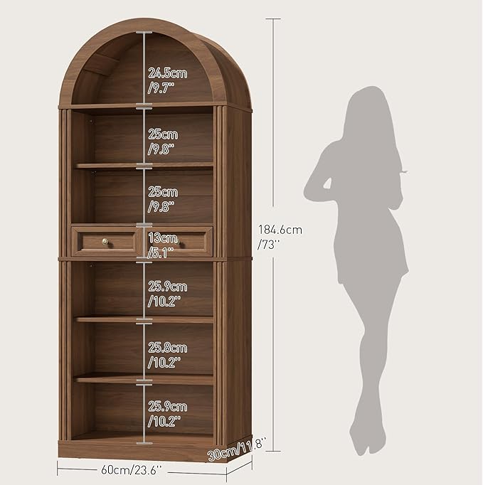 RALGEND Arched Bookshelf, 73" Tall Arch Bookcase with Drawer, 6-Tier Farmhouse Book Shelf, Wooden Bookshelf with Open Display Shelves for Living Room, Office, Adjustable Shelf, Walnut