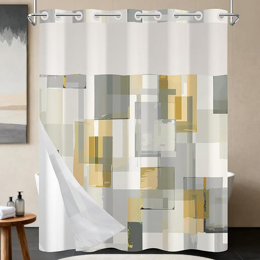 No Hook Shower Curtain with Snap in Liner, Modern Abstract Geometric Print, Grey & Gold Shower Curtains with See Through Mesh Top Window, Waterproof Cloth Fabric, 71x74 Inch