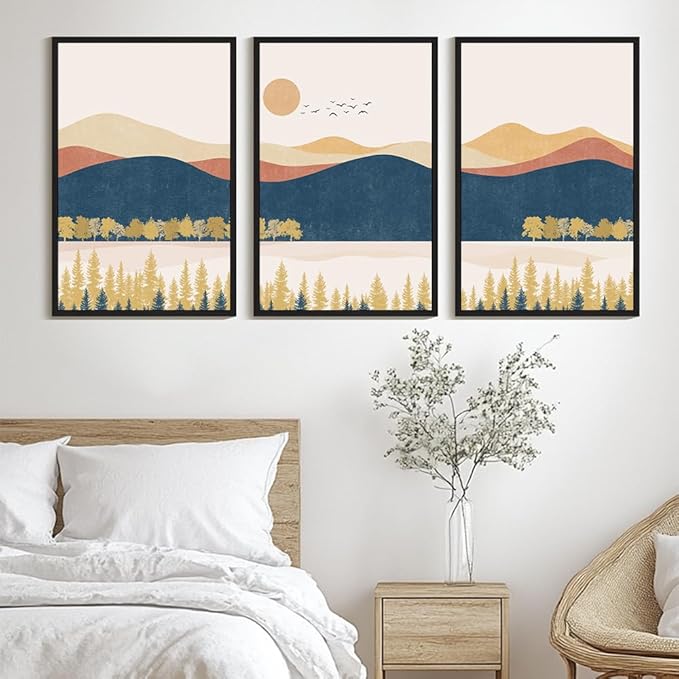 KUVIOKE Bohemain Mountain Landscape Framed Canvas Wall Art Watercolor Nature Artwork Painting Boho Farmhouse Rustic Room Decor for Bedroom Living Room 24x36in (Black Framed)