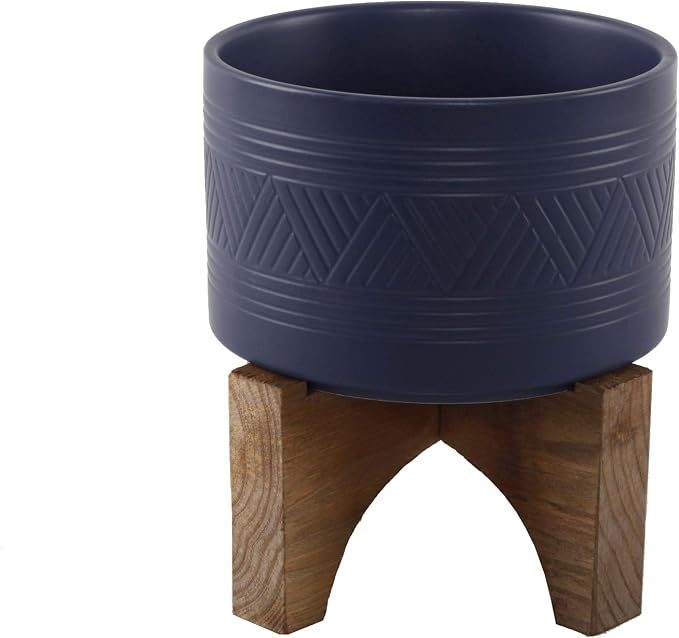 Flora Bunda 7 Inch Mountain Ceramic Planter on Wood Stand Mid Century,Matte Navy 7"