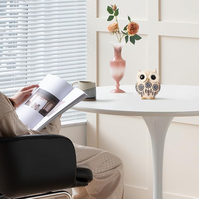 Owl Statue Home Decor Accents with Evil Eye.White Decor for Bookshelf, Bedroom, Living Room, Office, Table and Shelf. Vintage Owl Figurines Gifts for Birds Lover.Cute Small Animal Sculptures.