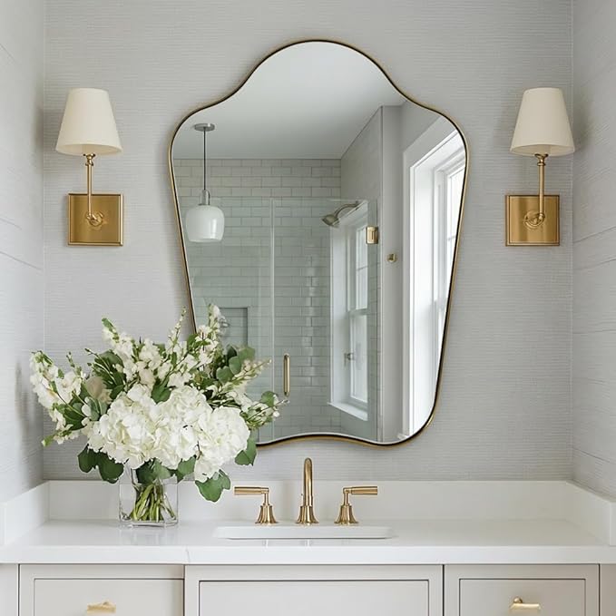 ANDY STAR 30x40 Gold Mirror, Brushed Brass Scalloped Mirror with Curved Design, Irregular Wall Mirror for Bathroom, Vanity, Powder Room, Stainless Steel Frame, Anti-Rust