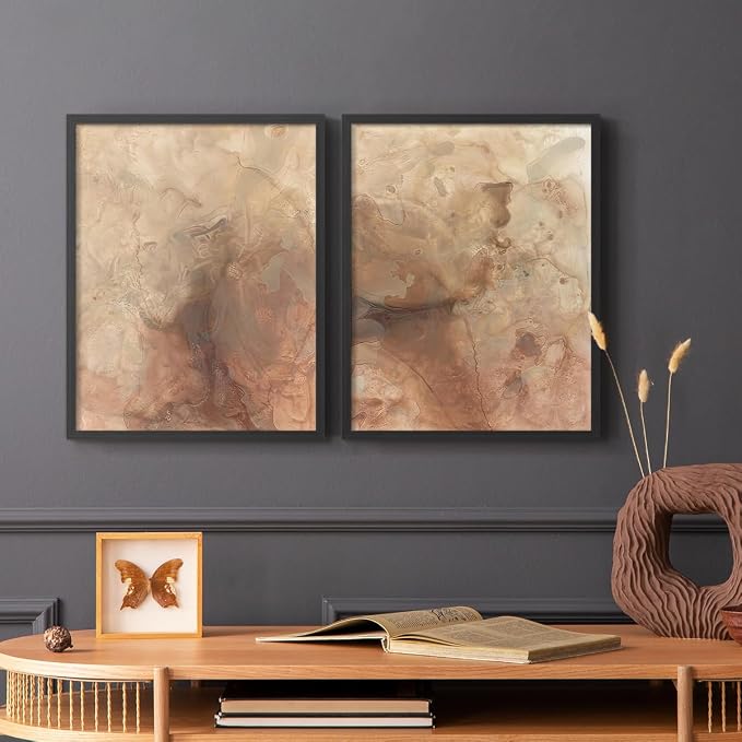 Renditions Gallery Set of 2 Peel & Stick Framed Prints, Abstract Wall Art, Brown Textured Marble Design Re-Stickable - Ready to Hang - 8"x10" - Black Frame LT588