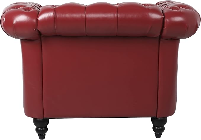 LEVNARY Leather Upholstered Armchair, Mid-Century Modern Single Sofa Chair with Rolled Arms and Nailhead, Tufted Pu Leather Chesterfield Chair for Home Bedroom Reading Room (Wine Red)