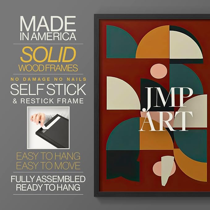 Renditions Gallery Set of 2 Peel & Stick Framed Prints, Mid Century Abstract Wall Art, Modern Geometric Shapes Wall Decor, Re-Stickable - Ready to Hang - 11"x14" - Black Frame LT588