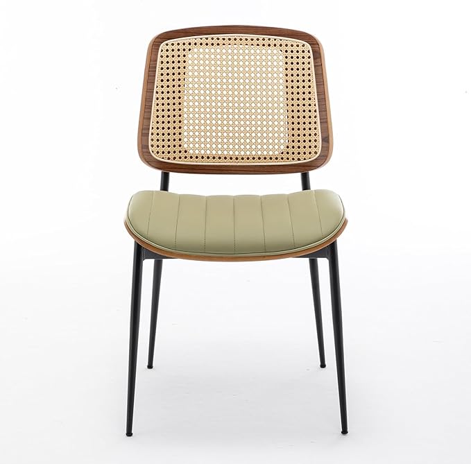 LUNLING Dining Room Chairs Set of 4 Mid Century Modern Retro Green Faux Leather Kitchen Chair with Walnut Bentwood Upholstered Seat Metal Legs Chair for Kitchen Dining Room Chairs(LightGreen)