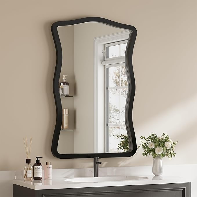 ULIKE Wavy Wall Mirror for Bathroom, 24x36 Wood Frame Mirror for Over Sink, Rustic Wall Mirrors Decorative and Vanity Mirrors for Bedroom Living Room Entryway, Black