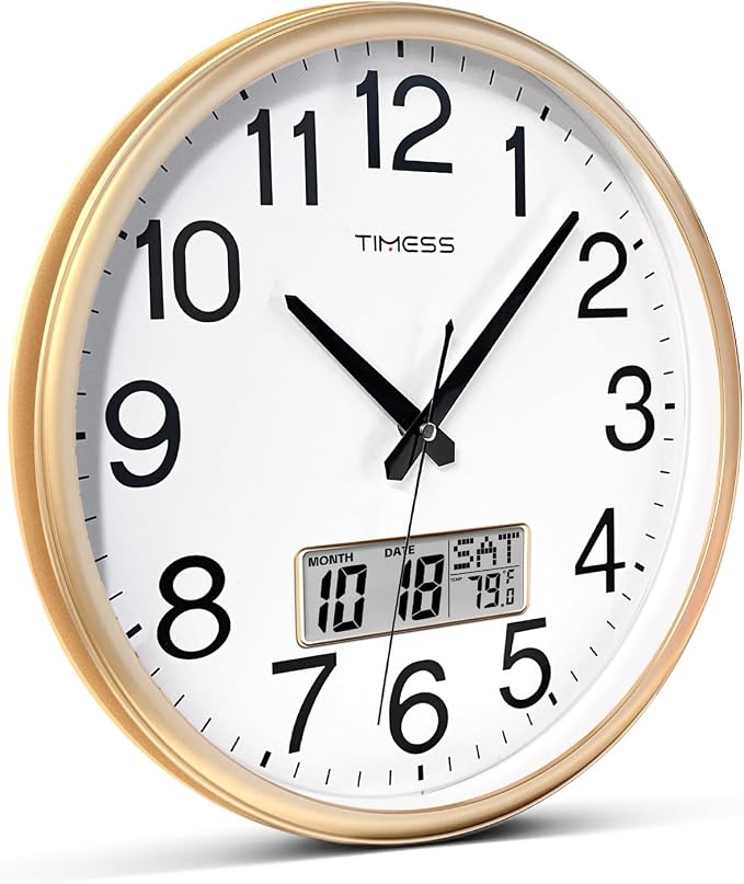 TIMESS Wall Clock, 13 Inch Non-Ticking Silent Battery Operated Quartz Analog with LCD Display for Perpetual Calendar and F° Temperature, Ideal Modern Home, Bedroom, Kitchen, Office Decor (Gold)