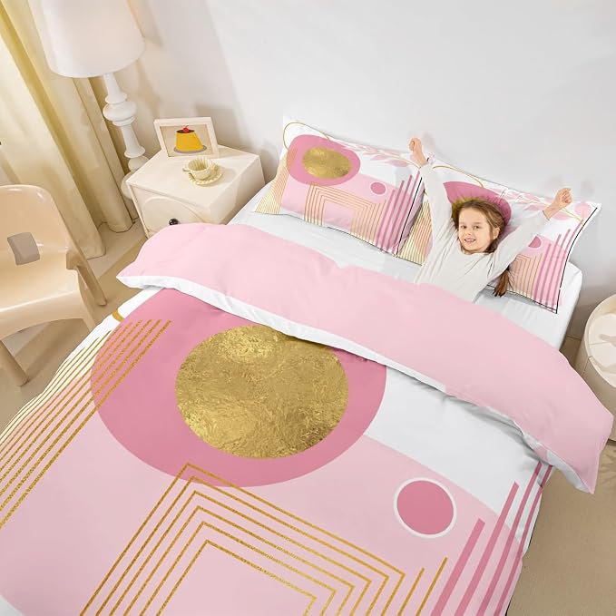 Erosebridal Pink and White Abstract Boho Queen Comforter Cover Minimalist Aesthetic Neutral Duvet Cover Mid Century Modern Bed Set Botanical Leaves Geometric Bedding Set