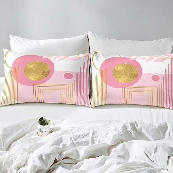 Erosebridal Pink and White Abstract Boho Queen Comforter Cover Minimalist Aesthetic Neutral Duvet Cover Mid Century Modern Bed Set Botanical Leaves Geometric Bedding Set